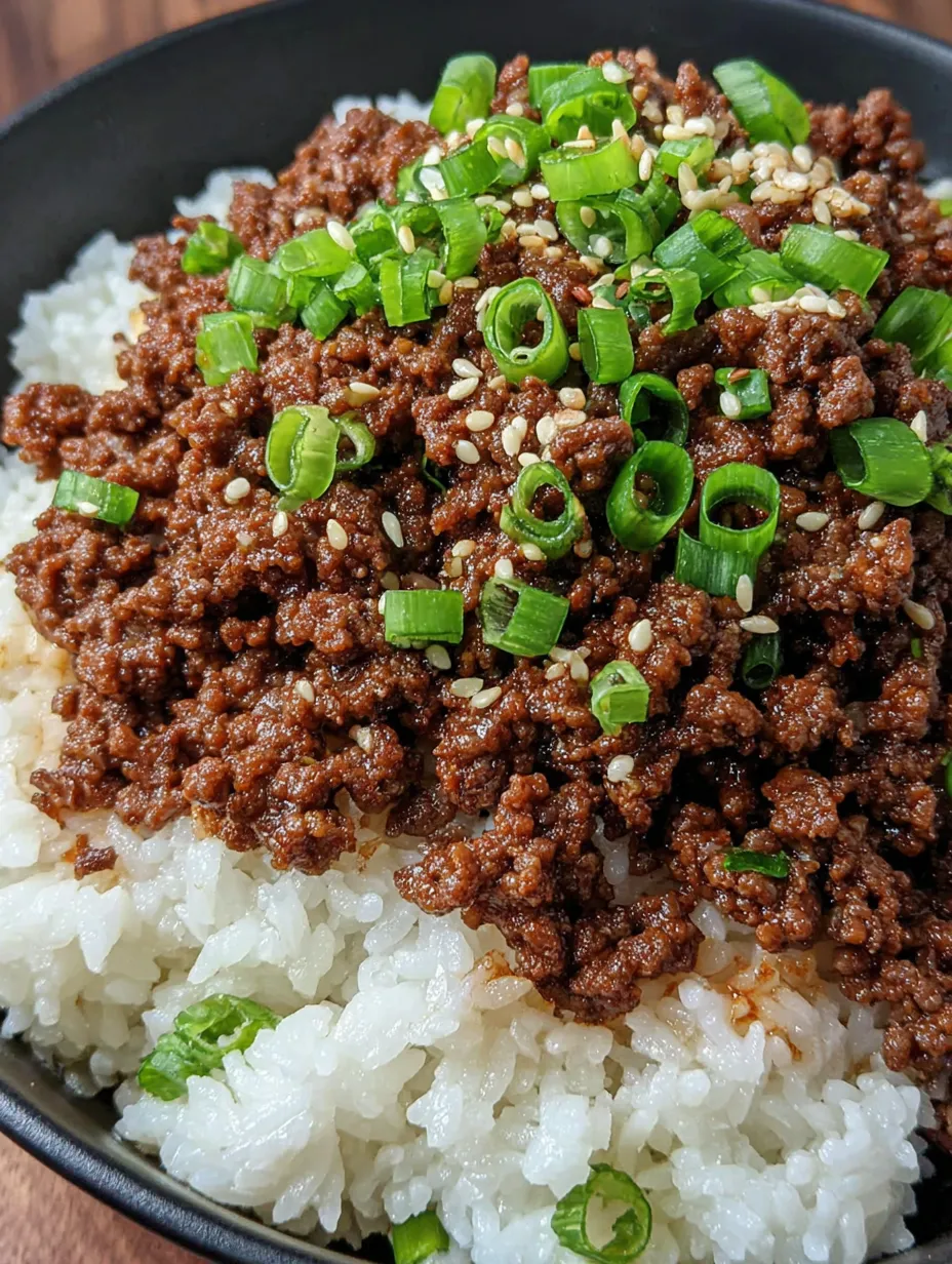 A bowl of rice with meat and green onions.