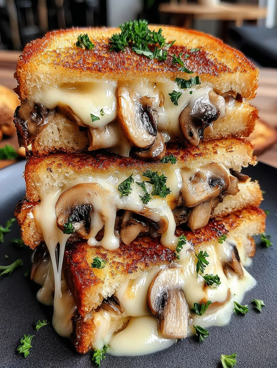 A stack of grilled cheese sandwiches with mushrooms.