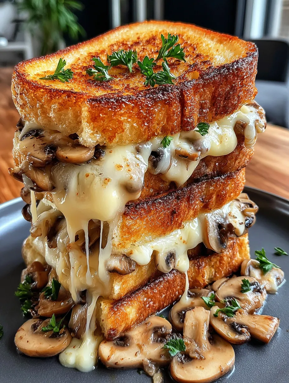 A stack of grilled cheese sandwiches with mushrooms.