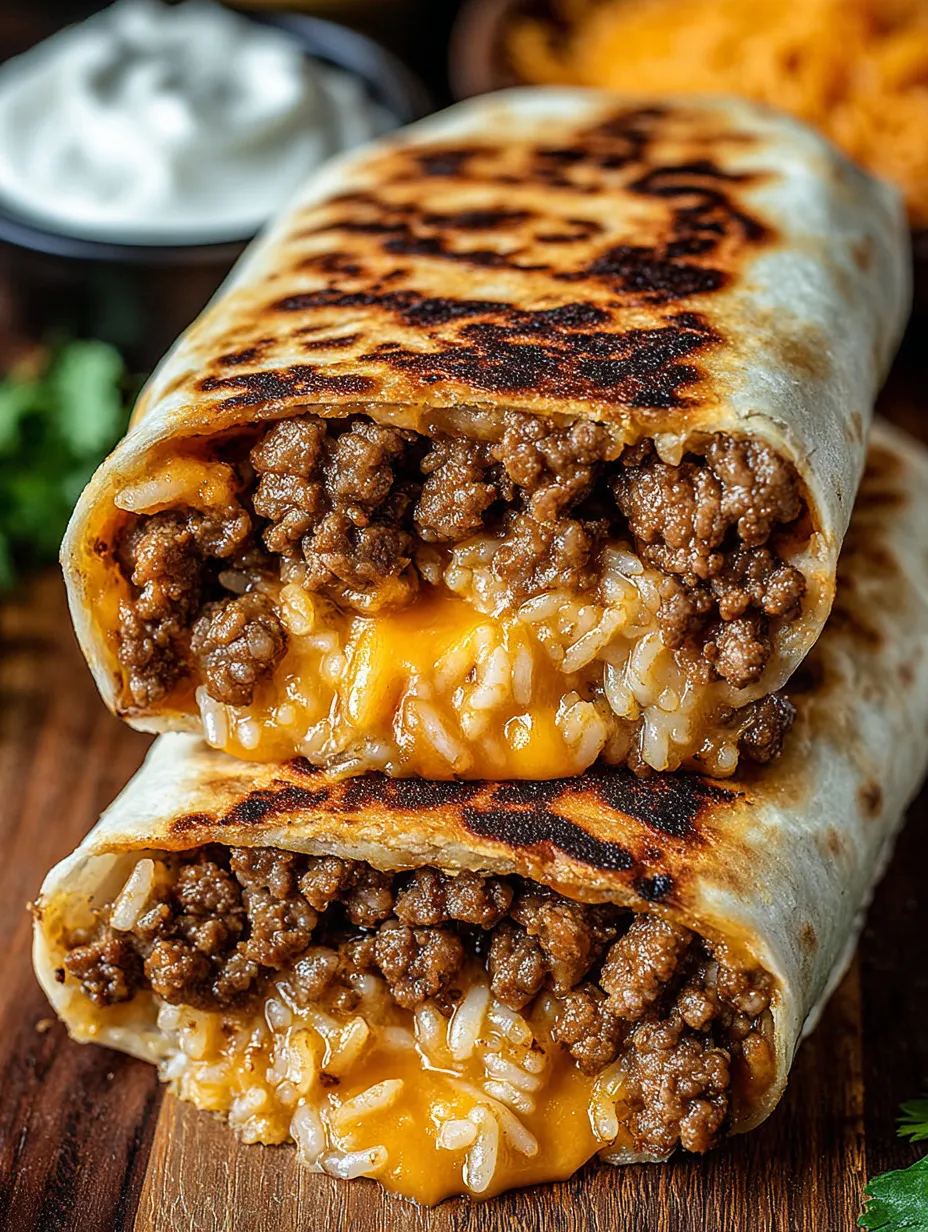 A burrito with rice and meat.