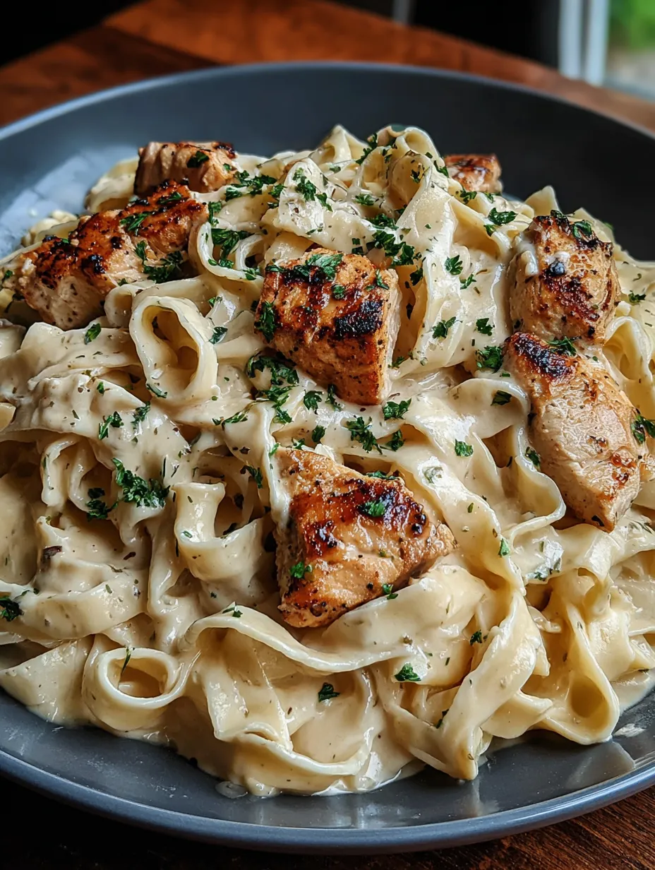A plate of pasta with chicken and herbs.