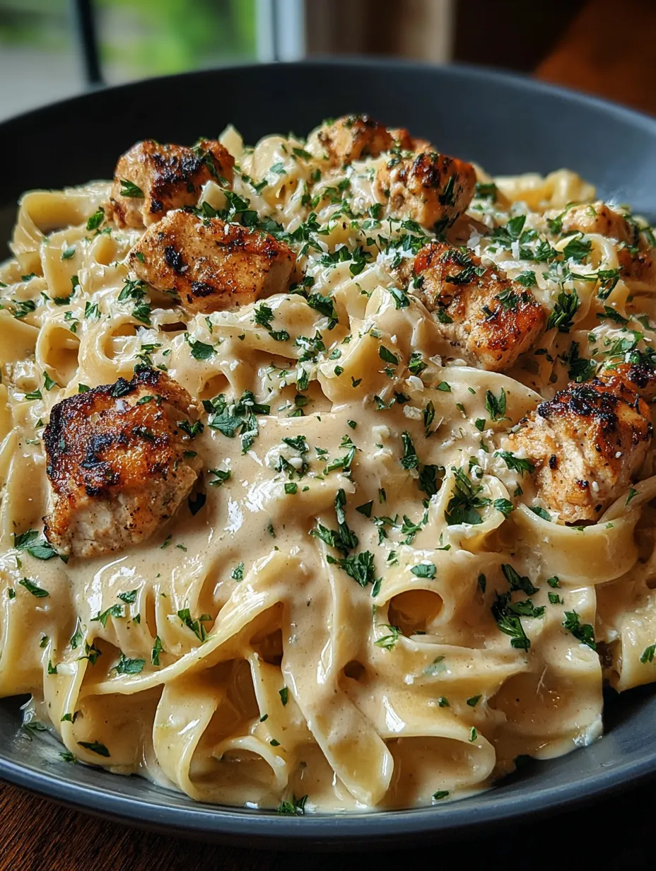 A bowl of pasta with chicken and herbs.