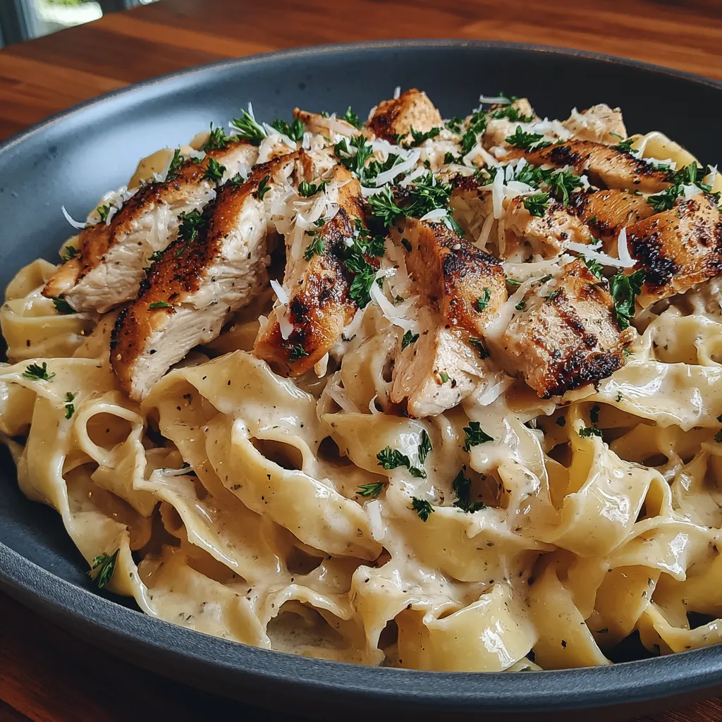 A plate of pasta with chicken and cheese.