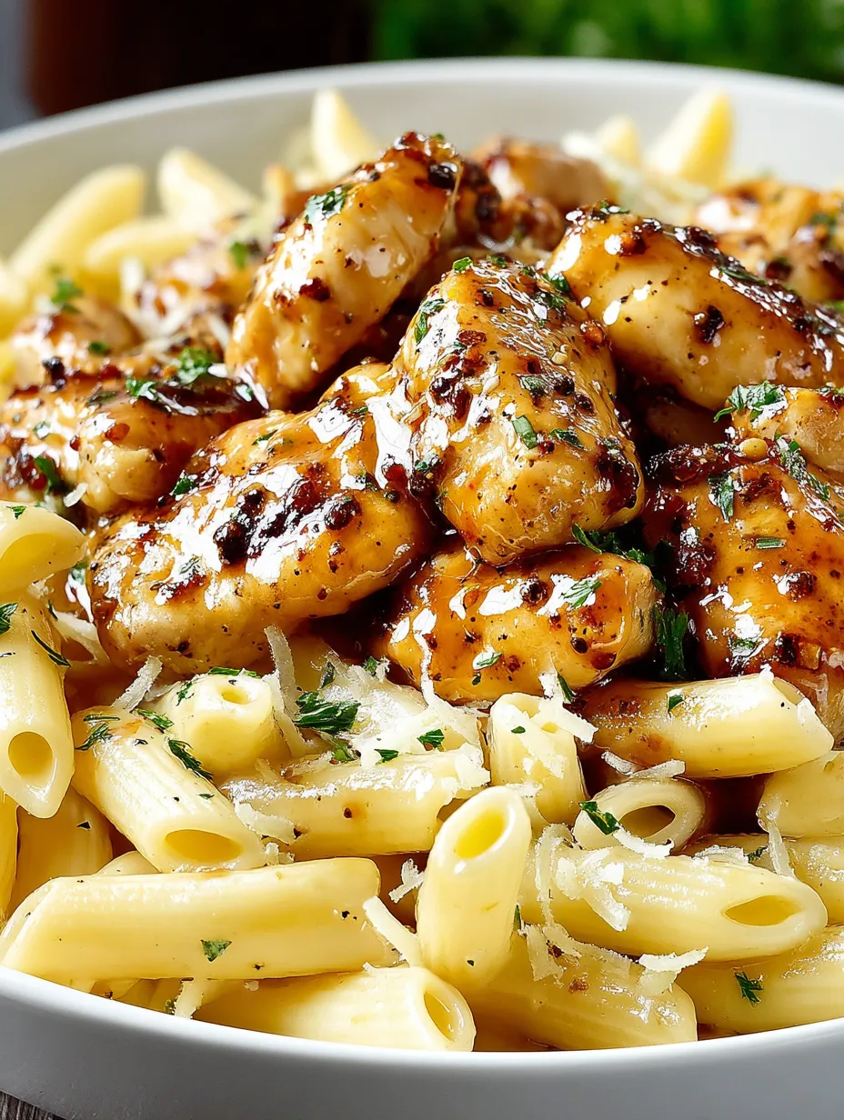 A plate of food with chicken and pasta.