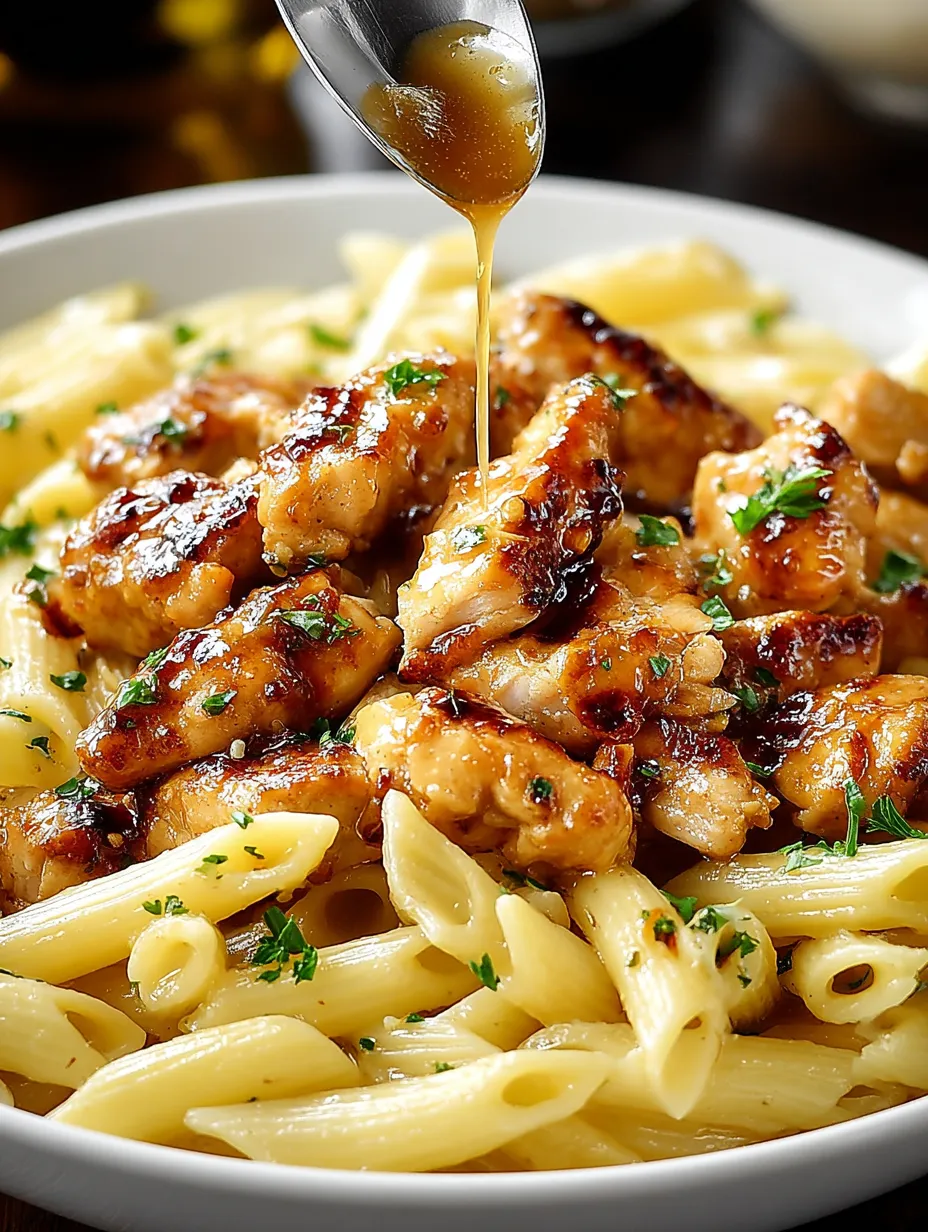 A plate of pasta with chicken and sauce.
