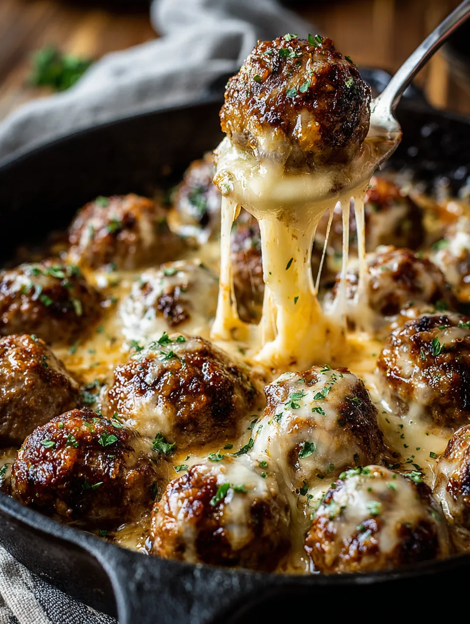 A spoon is in a bowl of meatballs.