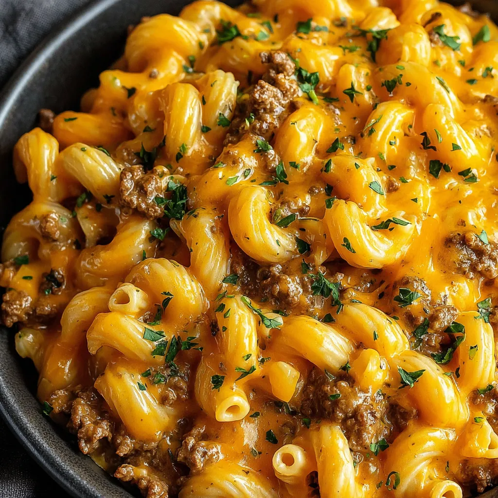 A bowl of macaroni and cheese with meat.