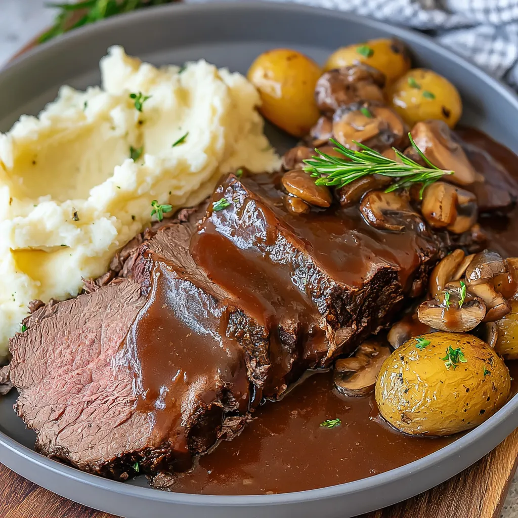 A plate of food with meat, potatoes, and mushrooms.