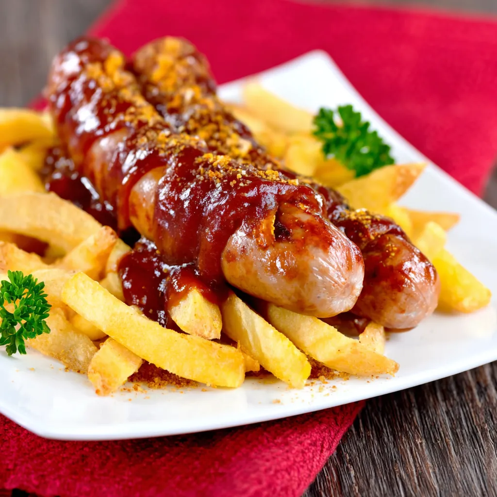 A plate of fries and a sausage.