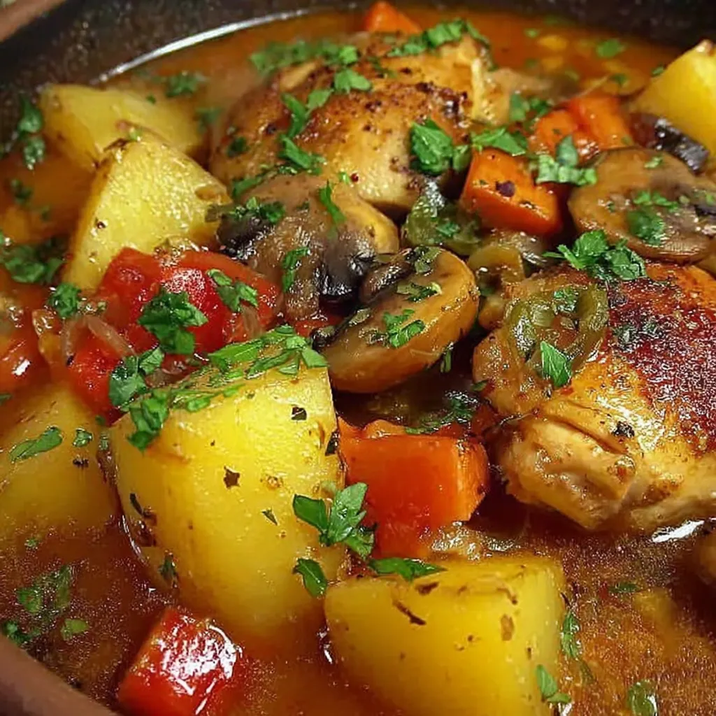 A bowl of chicken and vegetables.
