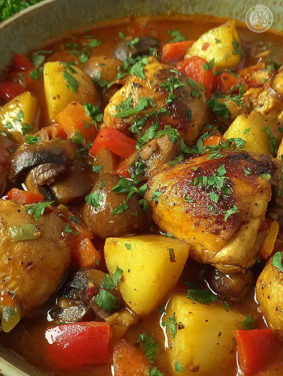 A bowl of food with chicken and potatoes.