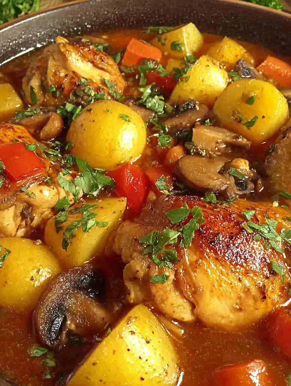 A close up of a dish with chicken, potatoes, and mushrooms.