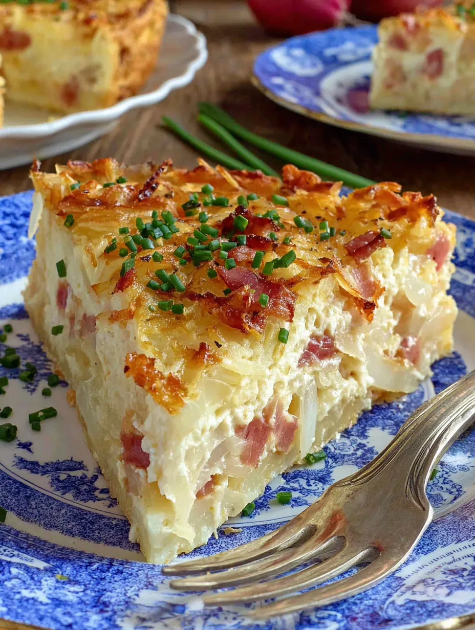 A slice of bacon and cheese quiche on a plate.
