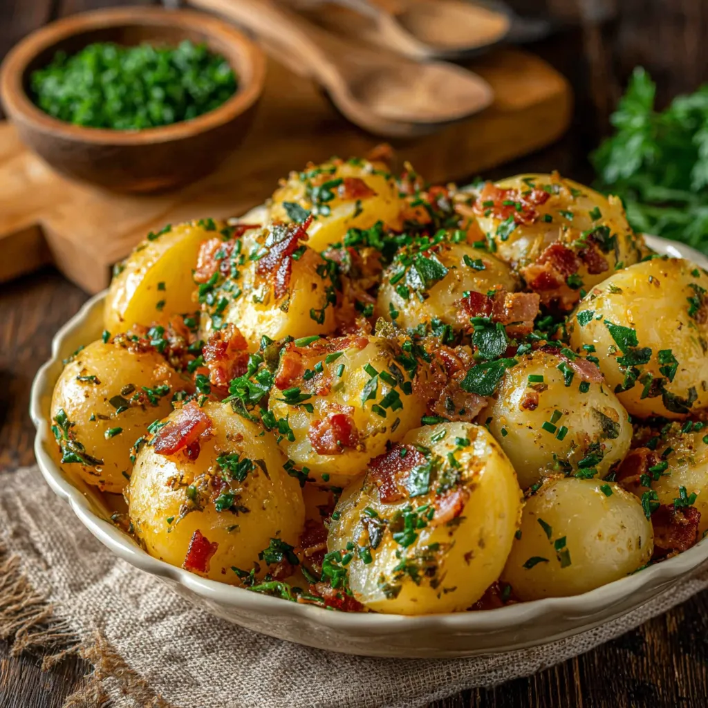 A bowl of potatoes with bacon and herbs.
