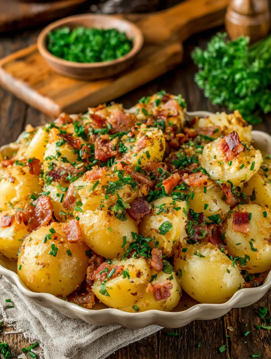 A plate of potatoes with bacon and herbs.