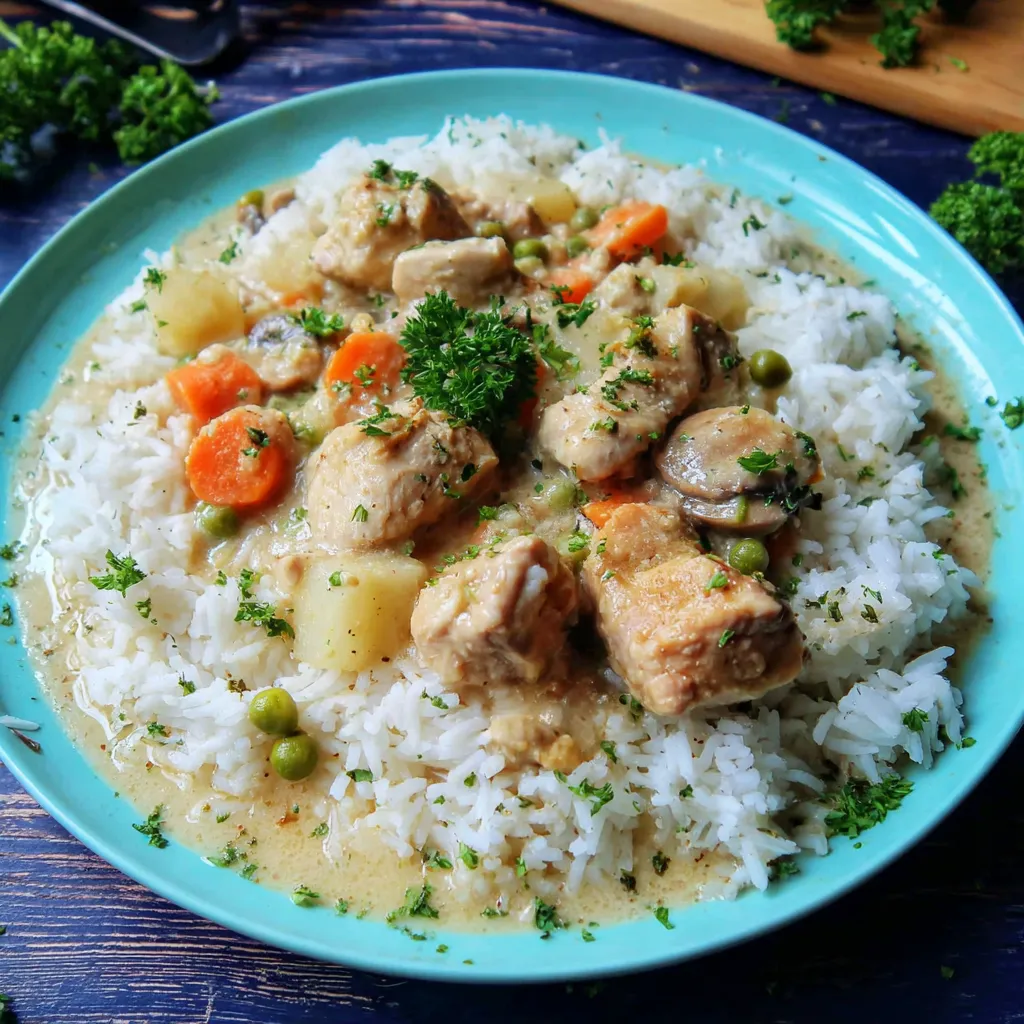 A plate of rice with meat and vegetables.