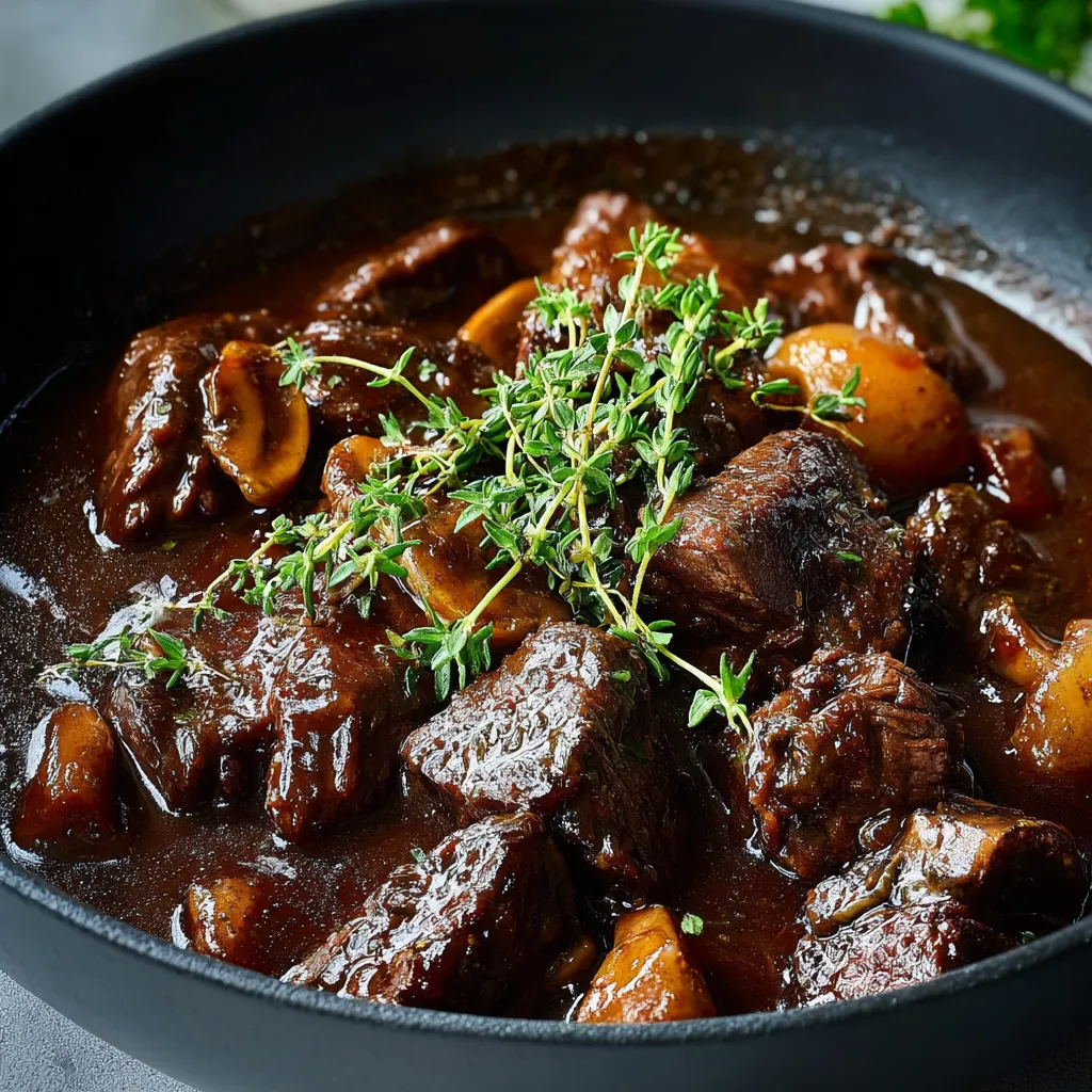 A bowl of beef stew with mushrooms and herbs.