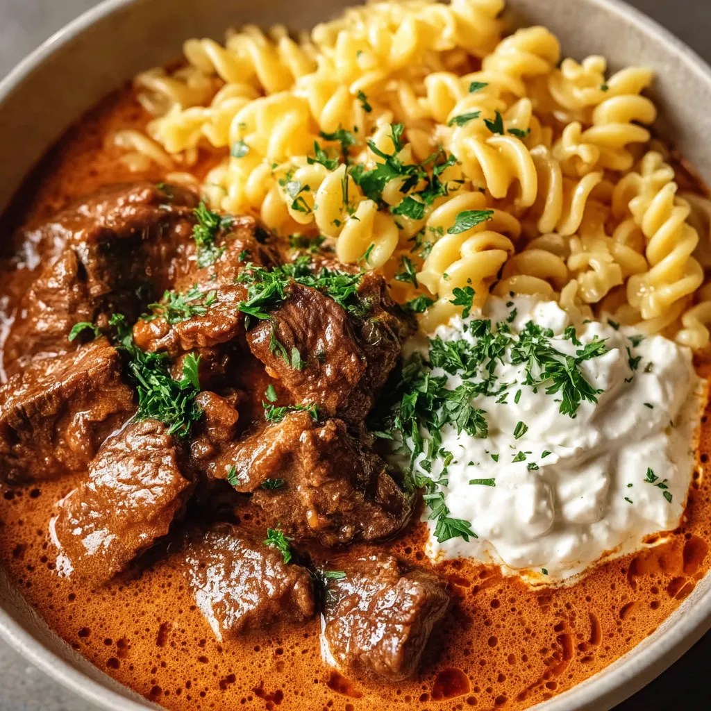 A bowl of food with noodles, meat, and sauce.