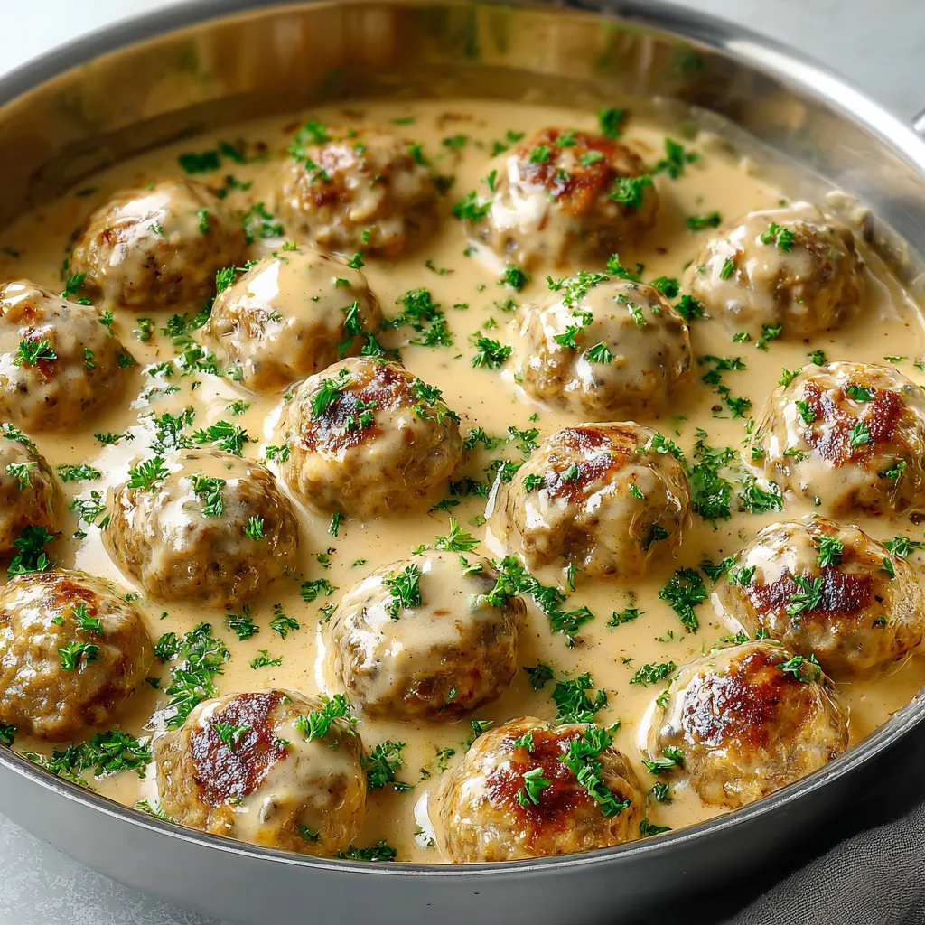 A pan of meatballs in a creamy sauce.