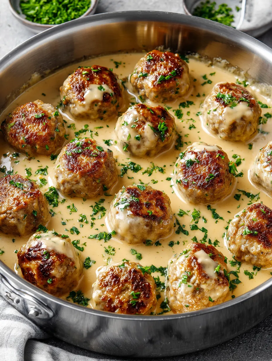 A bowl of meatballs in a creamy sauce.