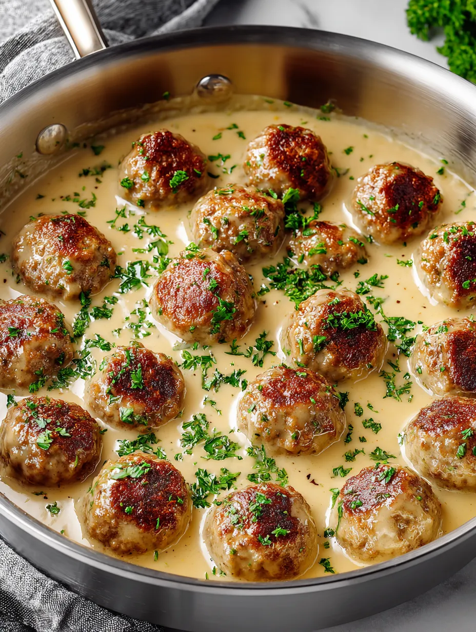 A pot of meatballs in a creamy sauce.