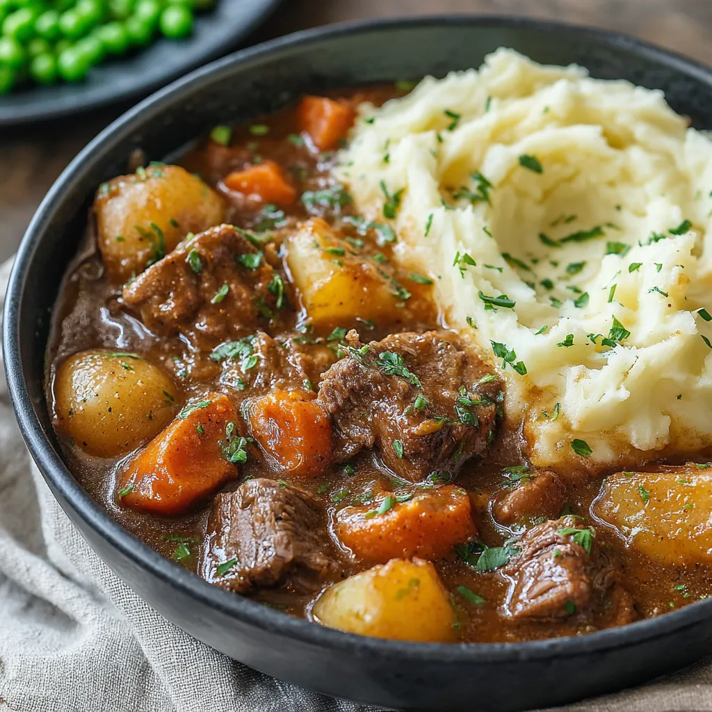 A bowl of stew with meat and potatoes.