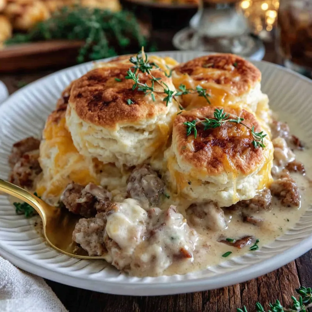 A plate of food with biscuits and gravy.