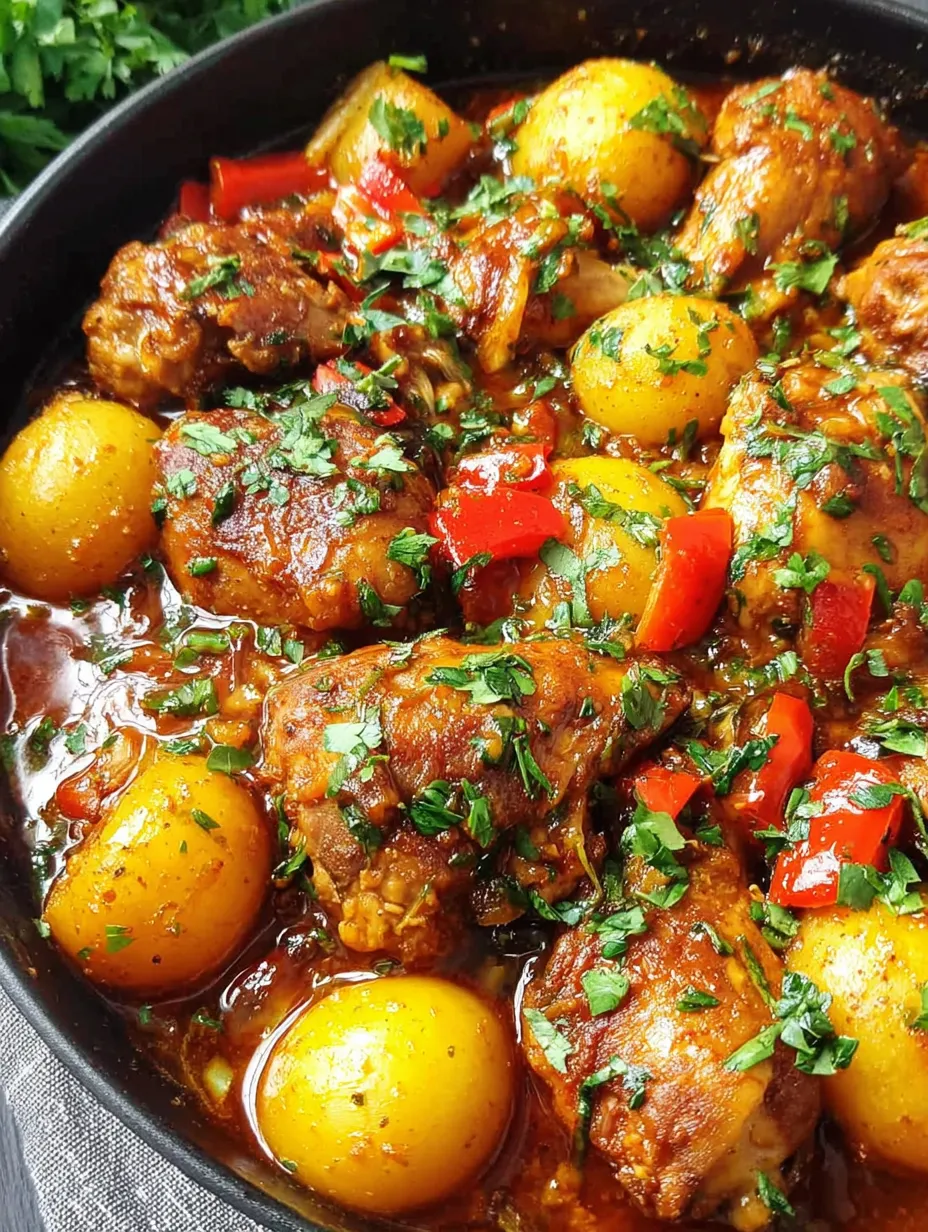 A bowl of food with chicken and potatoes.