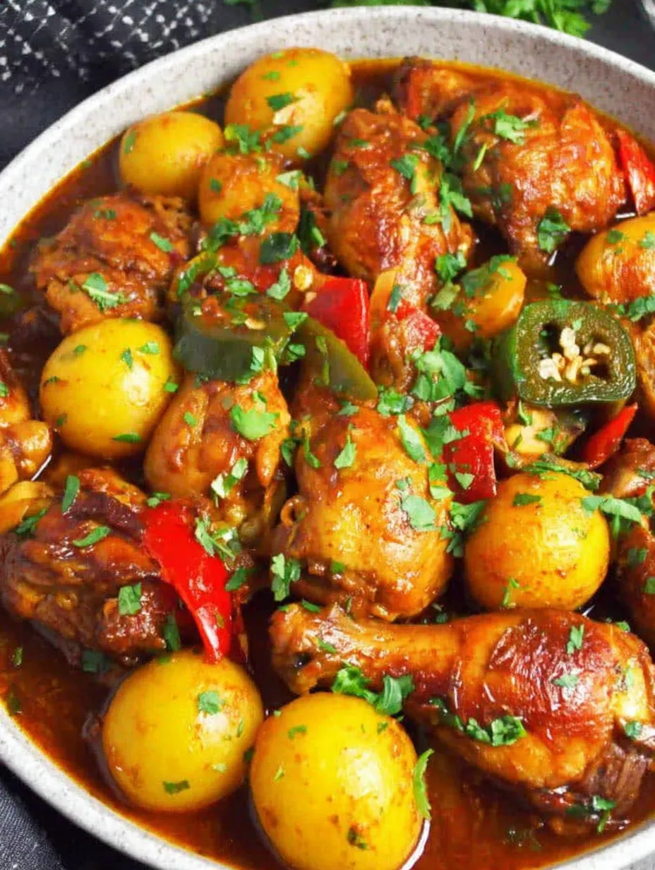A bowl of chicken and vegetables.