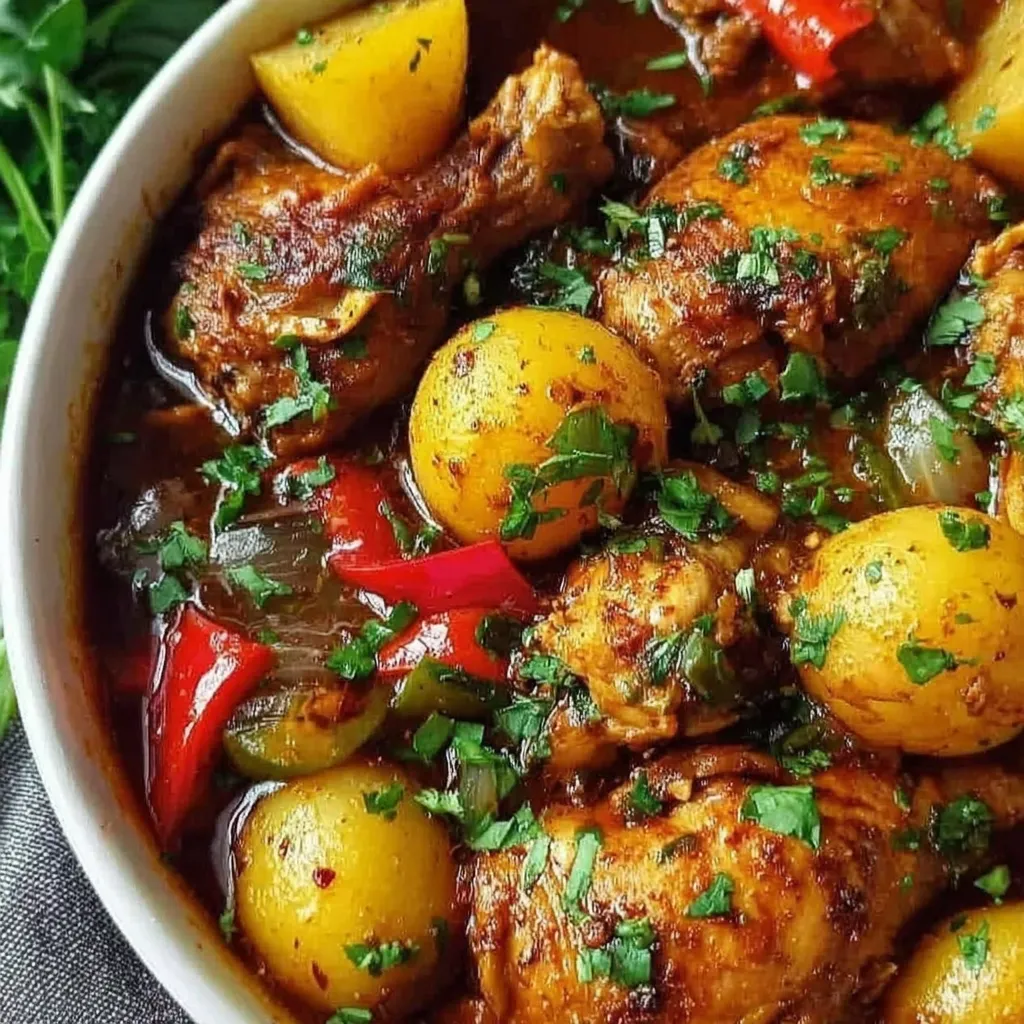 A bowl of food with chicken, potatoes, and peppers.