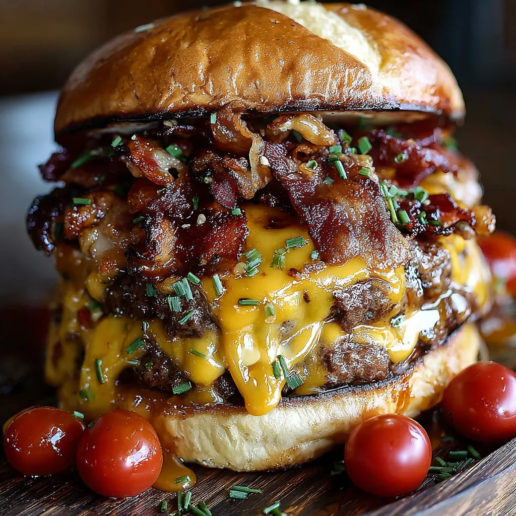 A large bacon cheeseburger with tomatoes and lettuce.