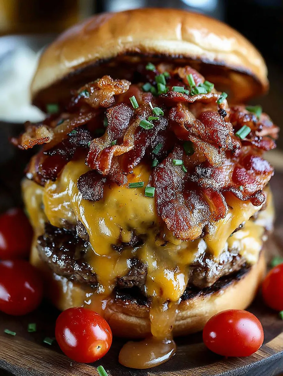 A cheeseburger with bacon and tomatoes.