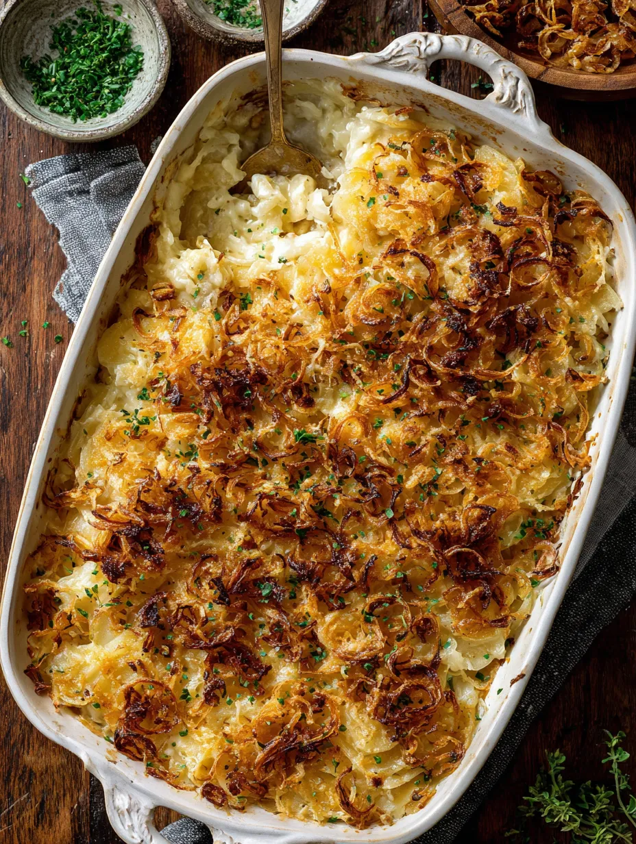 A casserole dish filled with potatoes and cheese.