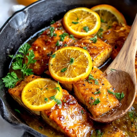 A pan of orange glazed salmon.