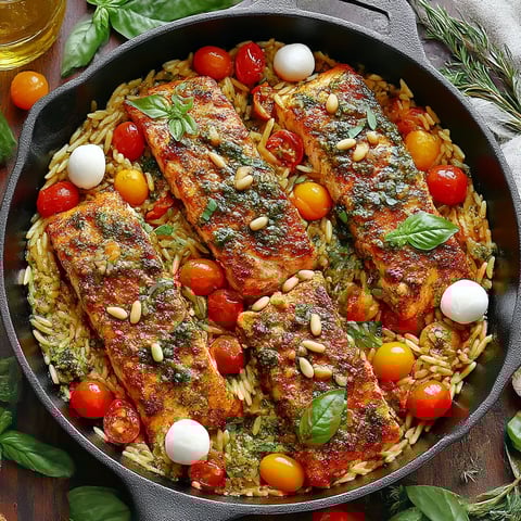 A pan of salmon with tomatoes and spinach.