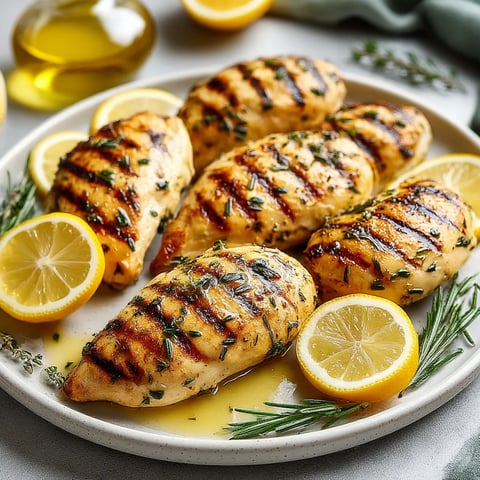 A plate of grilled chicken with lemon and herbs.