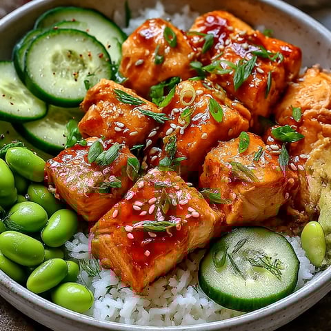 A bowl of food with rice, cucumbers, and meat.