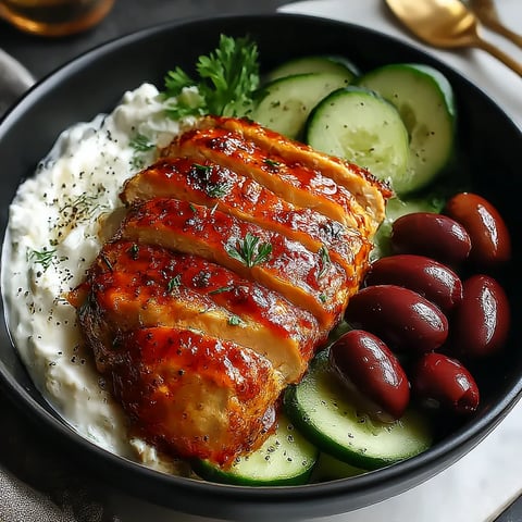A bowl of food with chicken, cucumbers, and olives.