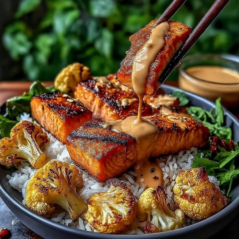 A bowl of food with salmon and cauliflower.
