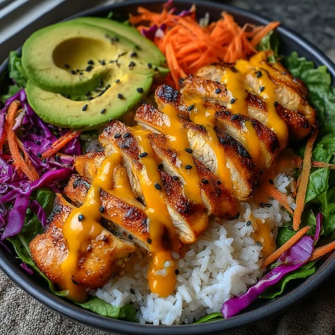 A plate of food with chicken, rice, and vegetables.