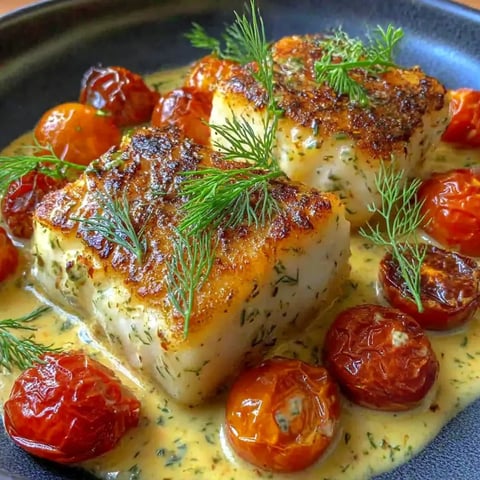 Grilled cod with roasted tomatoes and creamy dill sauce.