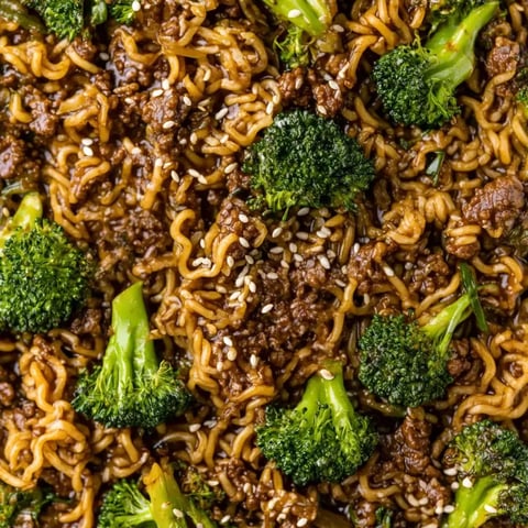 A close up of a plate of ground beef teriyaki ramen.