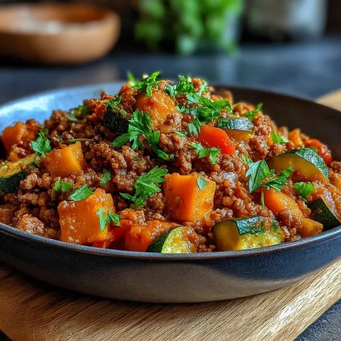 A bowl of ground beef, zucchini, and sweet potato.