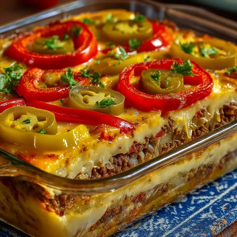 A dish of food with a yellow bell pepper on top.