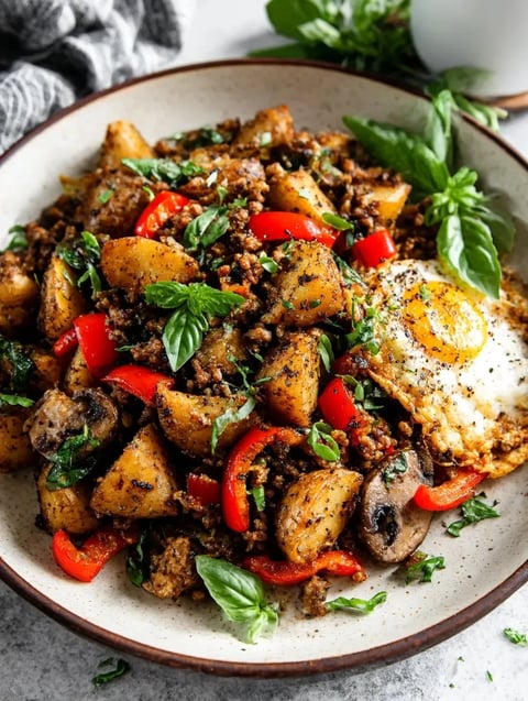 A plate of Mediterranean ground beef stir fry.