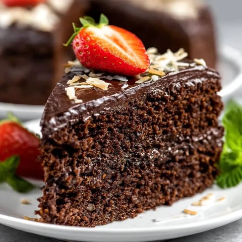 A slice of chocolate cake with strawberries on top.