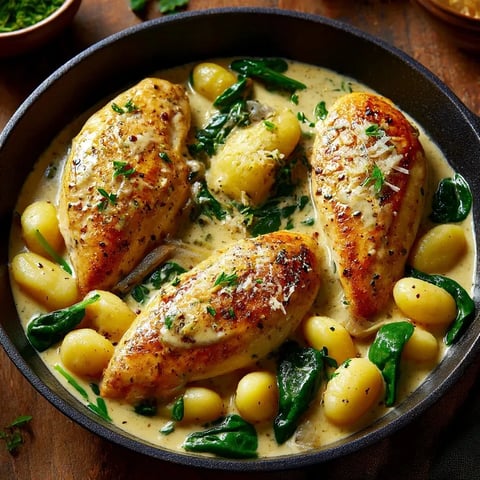 Asiago chicken gnocchi with greens.