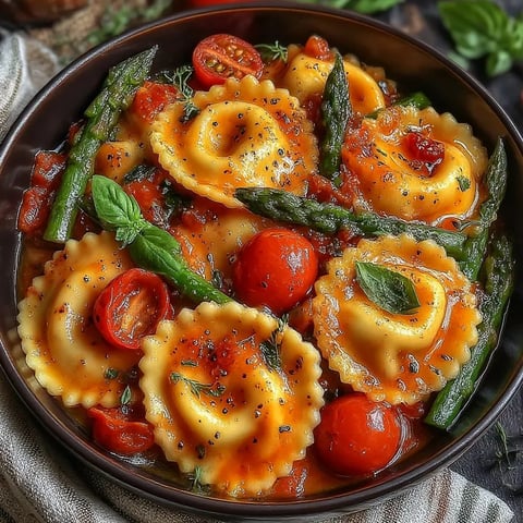 A bowl of Italian food with pasta, tomatoes, and asparagus.