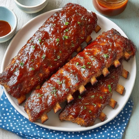 A plate of ribs with sauce on it.
