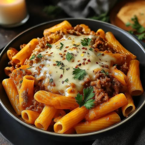 A bowl of pasta with cheese and meat.